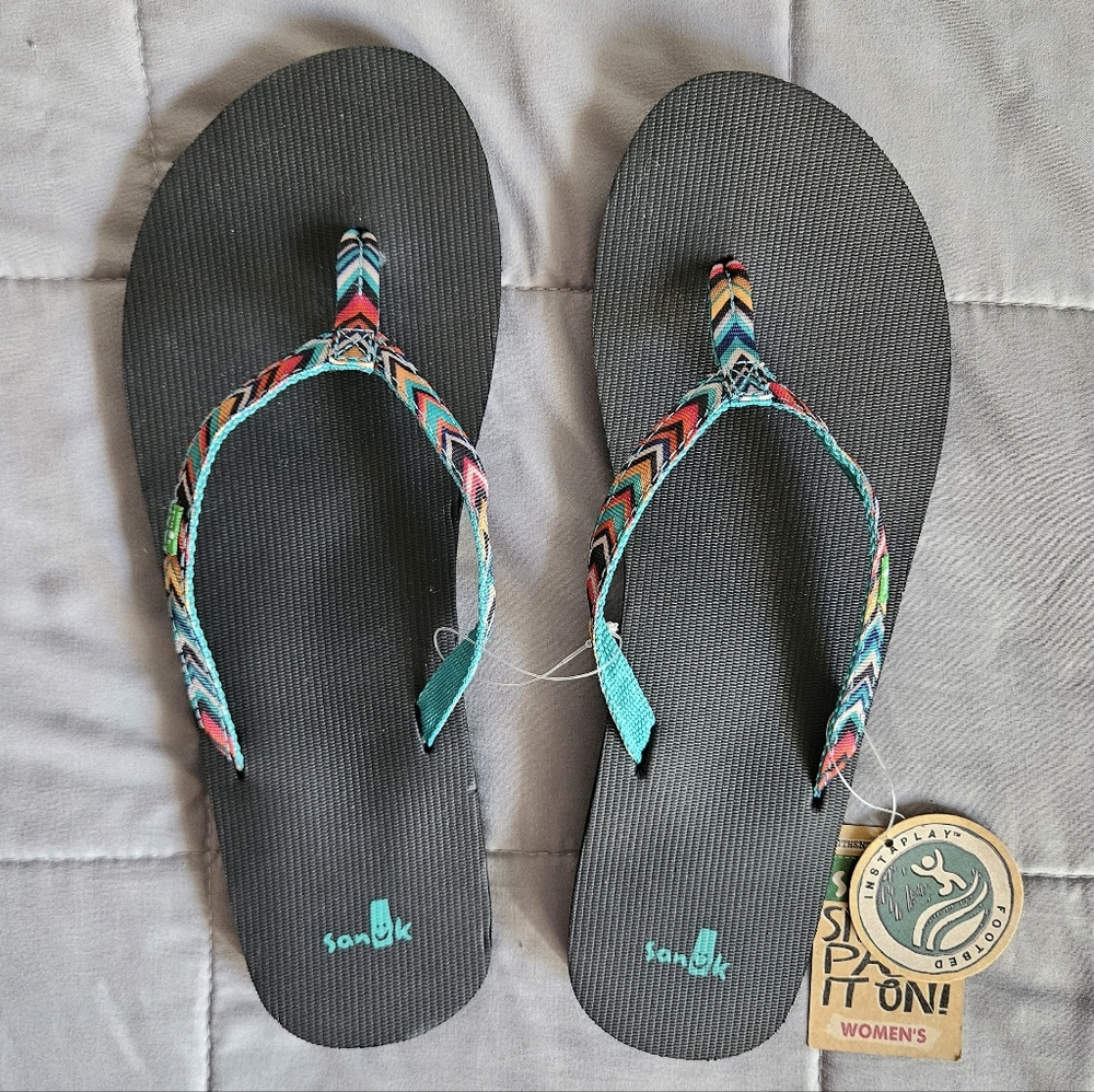 Sanuk Women's Colorful Geometric Tribal Print Flip Flop Sandal Thongs Size 10